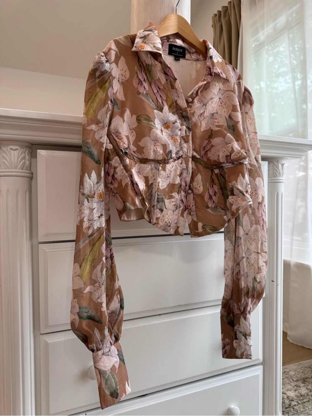 Bardot Sheer Floral Puff-Sleeve Blouse in Pink and Brown - Picture 4 of 15